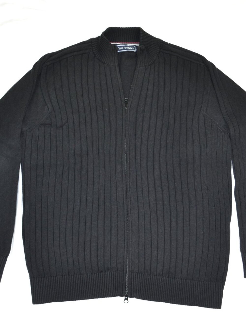 Paul Fredrick Men’s 100% Cotton Full Zip Ribbed Sweater, Black, Size XL